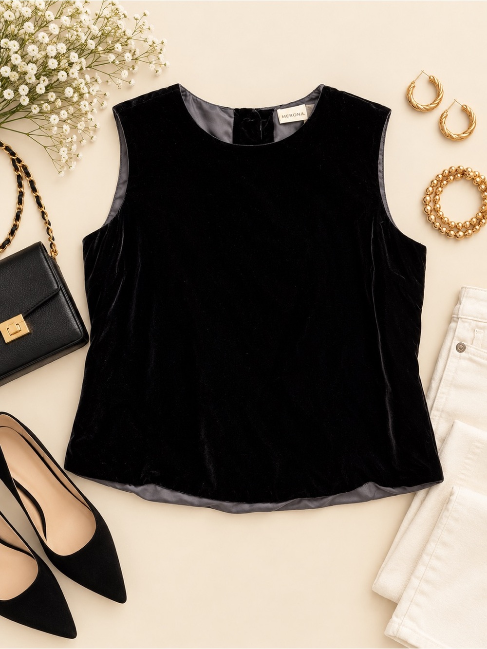 Merona Black Velvet Sleeveless Button Back Top Size L